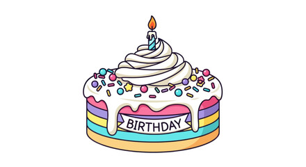 Festive Rainbow Layered Birthday Cake with Candle.