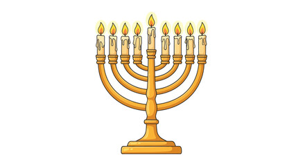 Golden Hanukkah Menorah with Lit Candles.