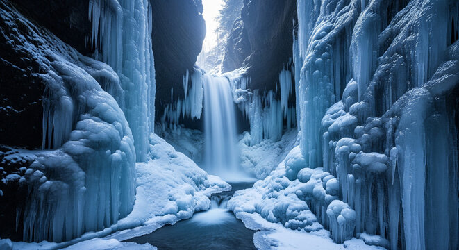 A stunning long-exposure shot of a cascading waterfall nestled within a majestic ice cave. The scene is dominated by intricate, sculpted ice formations and long, sharp icicles, creating a breathtaking