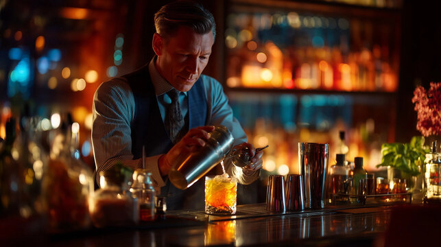 Bartender Crafting a Cocktail: An expert bartender in a dimly lit establishment meticulously crafts a bespoke cocktail, embodying the artistry and sophistication of mixology.