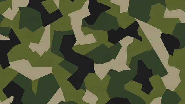 Abstract Military Camouflage Pattern with Geometric Shapes in Shades of Green, Black, and Tan for Backgrounds