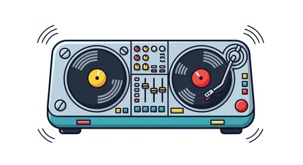 Cartoon Illustration of a DJ Turntable with Vinyl Records.