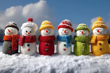 Group of cute funny laughing snowman with wool hat and scarf in the snow. Generative Ai
