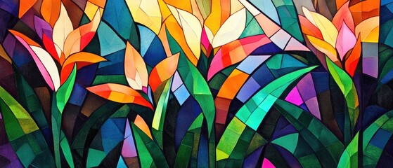 3D render of tropical leaves and bird of paradise flowers seamless pattern, vector illustration, flat design, colorful, high resolution, very detailed, no shadows, high details