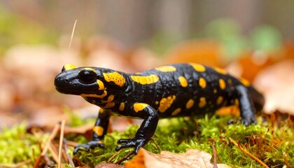 Fototapeta premium Fire salamander with bright yellow spots resting on vivid green moss