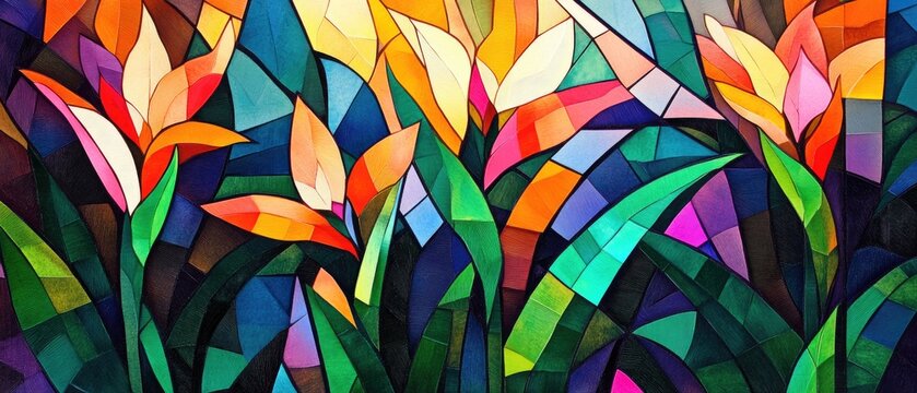 3D render of tropical leaves and bird of paradise flowers seamless pattern, vector illustration, flat design, colorful, high resolution, very detailed, no shadows, high details