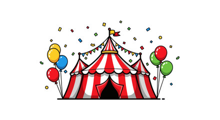 Fototapeta premium Red and White Striped Circus Tent with Balloons and Confetti Illustration.