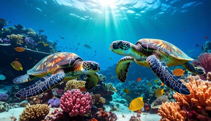 Two sea turtles in a vibrant coral reef