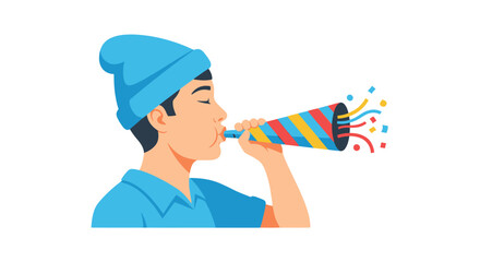 Cartoon Man in Blue Beanie Blowing Vibrant Striped Party Horn with Confetti.
