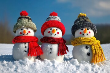 Group of cute funny laughing snowman with wool hat and scarf in the snow. Generative Ai