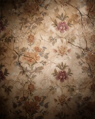 An old, cracked floral wallpaper showcases a vintage design, blending muted colors with historical charm. This texture evokes memories of classic interior aesthetics.