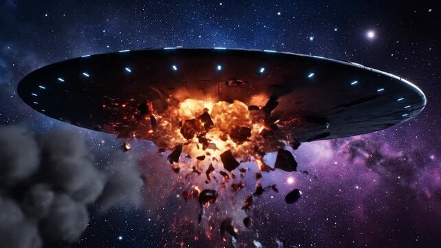 Futuristic UFO Flying Through Colorful Galaxy with Bright Stars