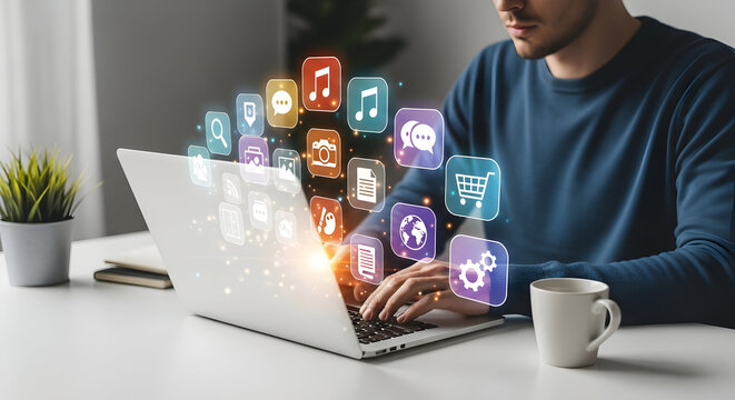 Laptop User Launching Cloud of App Icons: App Ecosystem, Multichannel Digital Services, Content Distribution, SaaS Integration, and Productivity Suite Visualized as Floating Application Badges from a 