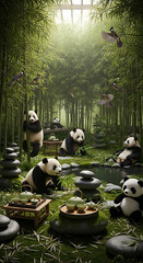 panda in the pond