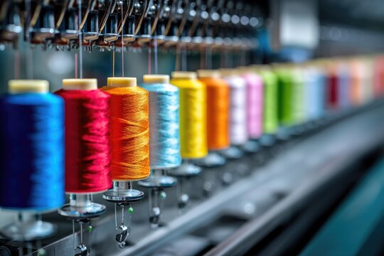 Colorful spools of thread on an industrial textile machine.