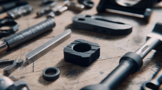 Medium shot showcasing a custom 3D printed automotive component highlighting intricate design with the surrounding tools softly out of focus.