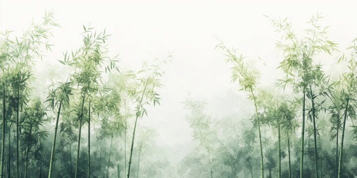 A Chinese style bamboo forest background wall painting, with many tall and thin green bamboo trees in the foreground, painted by an artist from China.