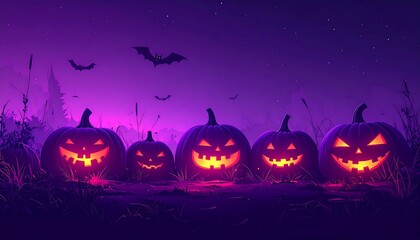 Eerie assembly of glowing jack-o-lanterns in a spooky field, celebrating a sinister Halloween night under a mystical purple sky