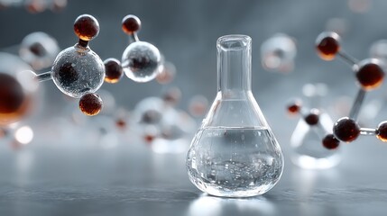 Scientific Research: Molecular Structures and Lab Flask with Clear Liquid