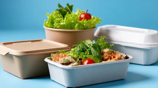 Fresh salad and healthy meal containers on blue background with gradual arrangement