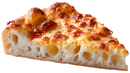 A close-up slice of cheesy Focaccia, showcasing the airy, open crumb of the bread, topped with golden-brown melted cheese. An isolated side dish.