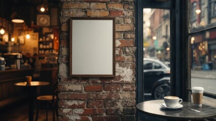 Cafe interior with blank poster and window view
