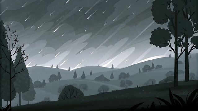 Stormy sky over rolling hills with falling stars night clouds