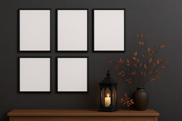 Halloween Frame Mockup with Lantern and Autumn Leaves on Dark Wall
