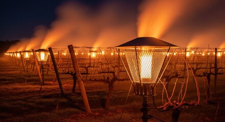 Medium shot capturing an array of heaters placed strategically throughout a vineyard to maintain warmth and prevent frost formation at night.