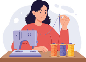 Fototapeta premium Woman sewing with thread and sewing machine creative hobby and craft activity at home workspace vector illustration