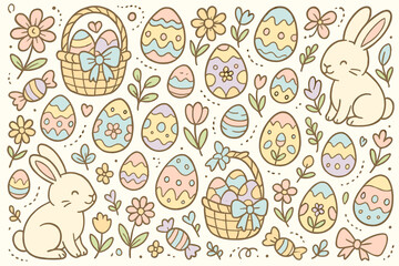 Cute easter bunnies and eggs with pastel colors and flowers