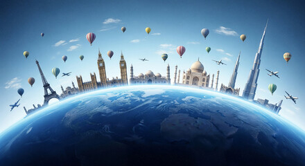 Experience the globe's most iconic landmarks from new heights, soaring above the Earth with vibrant hot air balloons and swift airplanes, inspiring dreams of global adventure and unforgettable journey