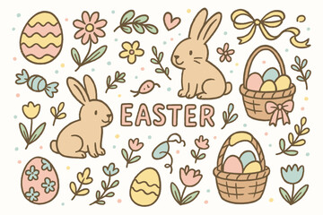 Cute easter design with bunnies, eggs, and spring flowers