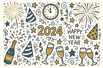 Festive  new year celebration with fireworks, champagne, and party decor