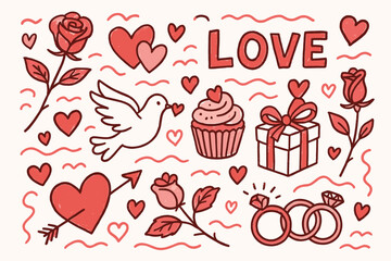 Romantic valentine's day symbols with hearts, roses, and cupid's arrow