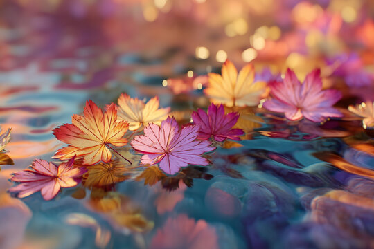 Colorful autumn maple leaves floating on calm water surface with soft golden reflections, peaceful seasonal zen spa background for meditation and relaxation