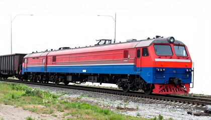 Obraz premium Red and Blue Freight Train Locomotive on Railway Tracks