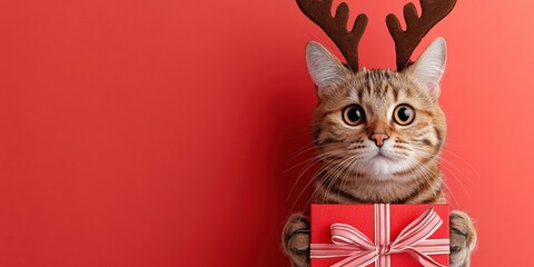 Cat with reindeer antlers, isolated on red background. Merry Christmas winter greeting card. Empty space on the side. Generative Ai