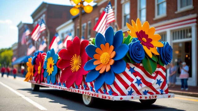 Colorful Flower Decorated Parade Float with American Flags Rolling Down Street in Small Town Celebration