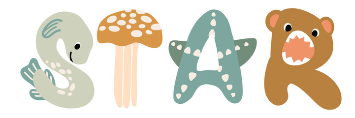 cute animal alphabet letters forming word star nursery vector clipart illustration