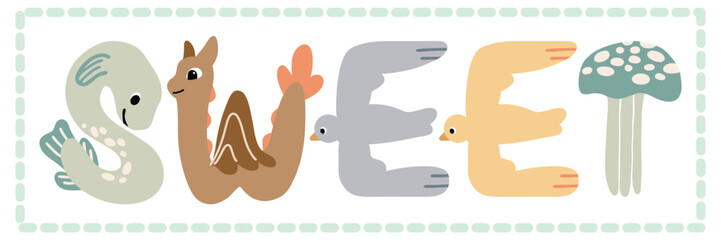 cute animal alphabet letters forming word sweet nursery vector clipart illustration