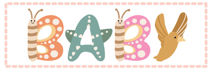 cute animal alphabet letters forming word baby nursery vector clipart illustration