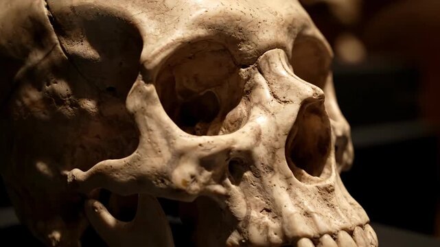 Intricate Human Skull Detail on Display in Museum Setting