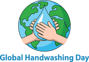 Hands cradle water drop against Earth, promoting global hygiene and health awareness.