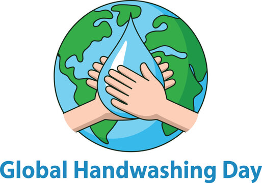 Hands cradle water drop against Earth, promoting global hygiene and health awareness.