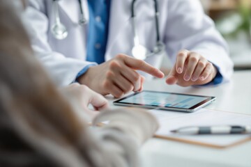 Doctor pointing at digital tablet during consultation with patient, clinical setting, creative background, concept of healthcare technology. Ai generative