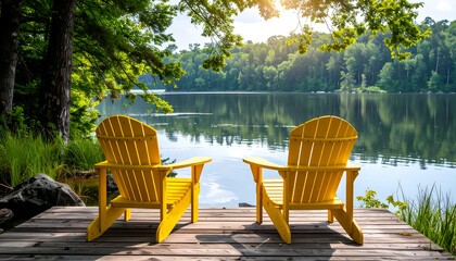 Two yellow Adirondack chairs on a lakeside dock.  Tranquil summer scene
