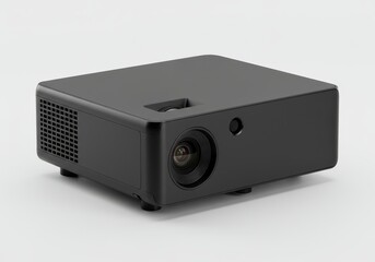 Obraz premium A modern, matte black projector stands on a plain light gray background.