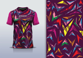 T-shirt mockup abstract arrow jersey design for football, soccer, racing, esports, running, in red purple color
