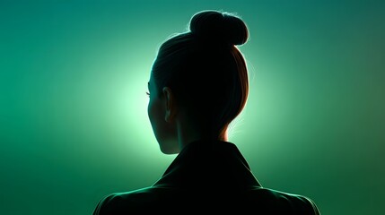 Silhouette of a Woman with a Bun in a Dark Setting with Green Backlight Creating a Mysterious Atmosphere